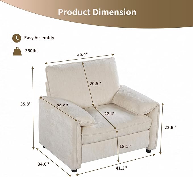 Oversized Accent Chair Modern Armchair for Living Room Wide Reading Chair w/Deep Seat Springs Cushion Chenille Armchair w/Pillow Arm Single Sofa Chair for Bedroom Apartment Office Beige