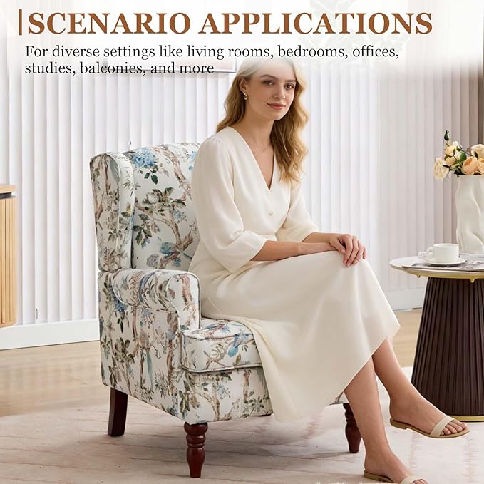 Modern Floral Accent Chair Upholstered Armchair Wingback Chair with Wooden Legs Single Sofa Reading Chair Accent Chairs for Living Room Bedroom Office (Antique Blue)