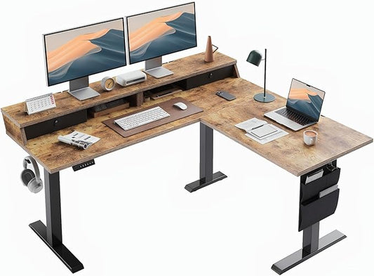 ErGear L Shaped Electric Standing Desk 63 Ergonomic Corner Height Adjustable Desk with Drawers Sit Stand Computer Table with Storage for Work Office Home Vintage Brown