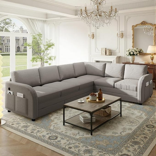 115.2 L Shaped Couch Bed Sectional Couches for Living Room Teddy Fabric Sleeper Sofa Bed with Pull Out Couch Convertible Sectional Couch with Charging Station &amp Side Pocket Light Grey