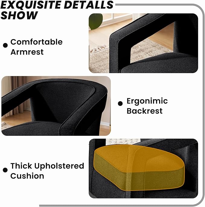 Furniliving Chenille Swivel Accent Chair for Living Room Upholstered Barrel Chair with Curved Back Comfortable Reading Chair for Bedroom Balcany Home Office Black Set of 2