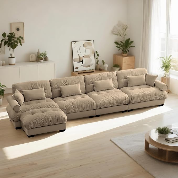 166 Modern Oversized Modular Sectional Sofa 4-Seater L-Shaped Cloud Sleeper Couch with Ottoman Pillows and Overthick Cushion for Living Room Home Theater ApartmentVelvet Camel