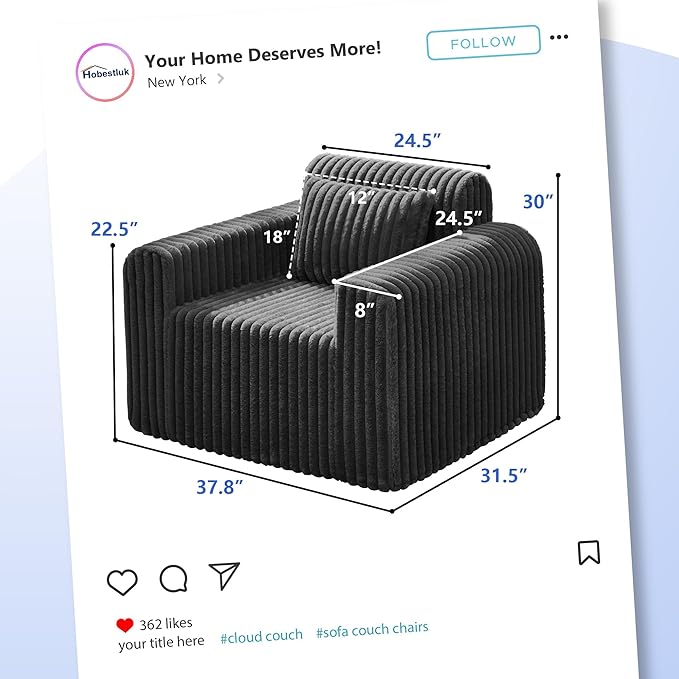 Hobestluk Single Sofa Foam Couch Sofa for Small Spaces Comfy Sofas with Removable Cover Furry Couch with Pillows for Living Room Bedroom Apartment Office (Black Standard)