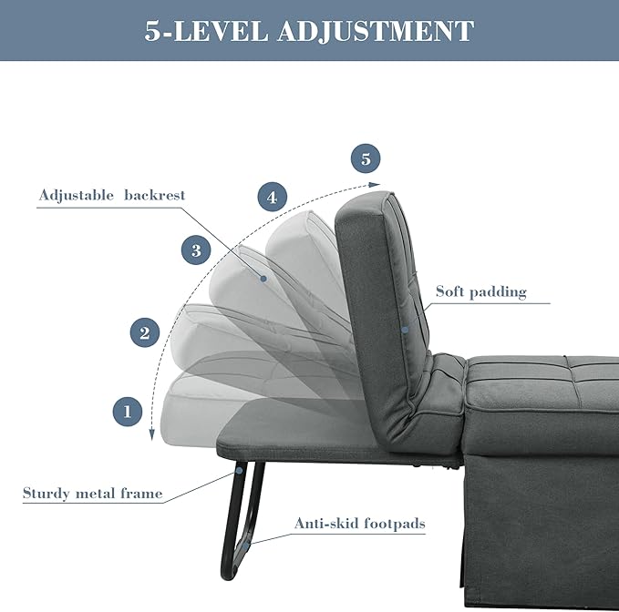 Ainfox Convertible Sofa Bed4-in-1 Multi-Functional Futon Chair Bed Folding &amp No Installation Sofa Couch with Adjustable Backrest Recliner for Living Room Small Spaces and Office(Dark Grey)