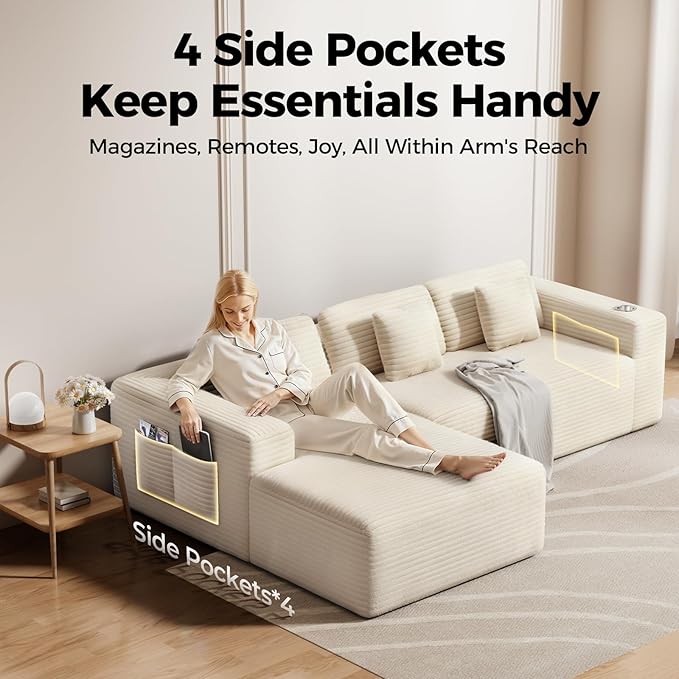 108” Cloud Sectional Couch in One Box Compressed Modular Sectional Sofa with Deep Seat Corduroy Boneless Couches L-Shaped Sofa for Living Room 4 Storage Pockets(Left Facing Chaise Beige)