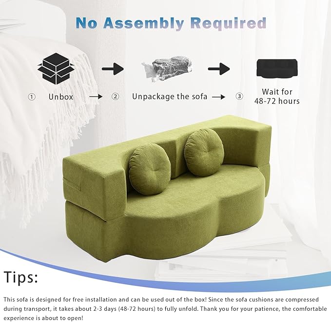 76 Convertible Folding Futon Sofa Bed Queen Sleeper Sofa with Pillow Teddy Fabric Floor &amp Futon Loveseat Couch Foam Folding Mattress Sleeper for Living Room Guest Use Office Apartment(Green