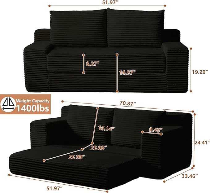 2-in-1 Loveseat Sofa with Pull-Out Bed 70.87 Sleeper Sofa with Comfy Cushions Corduroy Upholstered 2-Seater Cloud Sofa for Living Room Apartment and Small Spaces No Assembly Required (Black)
