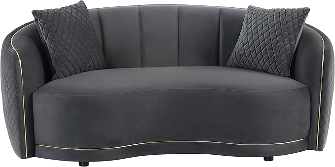 Coaster Home Furnishings - Brookside - Velvet &amp Engineered Wood - Curved Loveseat with Gold Trim and Channel Tufted Back - Living Room - Dark Gray - 504845