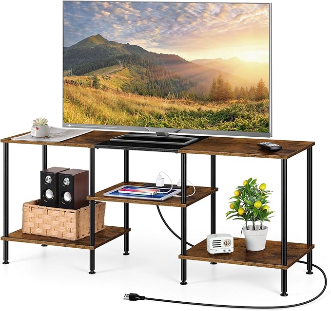OYEAL Small TV Stand for Bedroom up to 50 inch Farmhouse TV Media Entertainment Center with Power Outlets &amp Storage Shelf Rustic TV Console Table for Living Room Rustic Brown