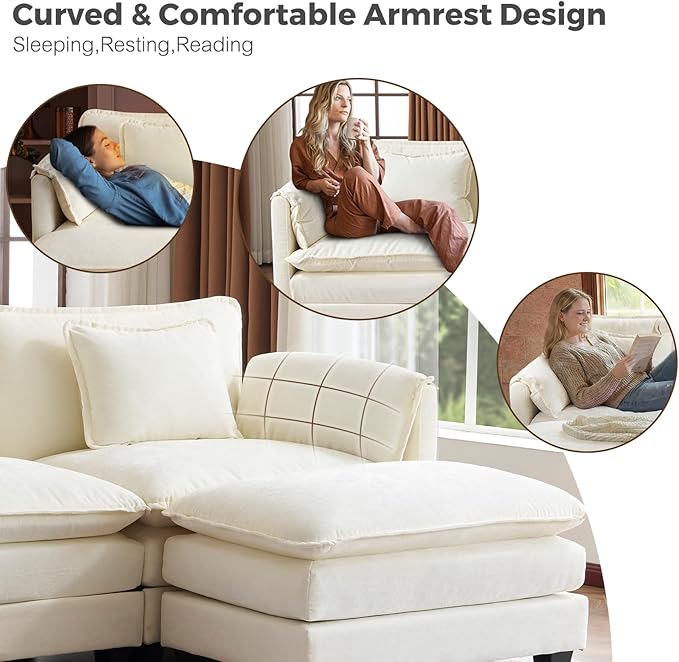 ELUCHANG 150'' Modular Sectional Cloud Couch Modern Comfy Chenille U Shaped Deep Seat Sofa for Living Room Upholstered 6-Seats Sofa Couch with Movable Ottoman Cream White | Convertible Easy to Ass