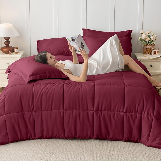 JOLLYVOGUE California King Comforter Set Ultra-Soft Bed in a Bag Cal King Size 7 Pieces Oeko-TEX Certified Bedding Set with Down Alternative Comforter Sheets Pillowcases &amp Shams Burgundy