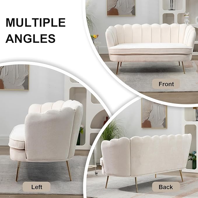 59 Wide Loveseat Sofa Chenille Upholstered Small Couch with Gold Metal Legs Modern Leisure Sofa with Petal-Shaped Design Mini Room Couch for Bedroom Apartment (Beige-Chenille)