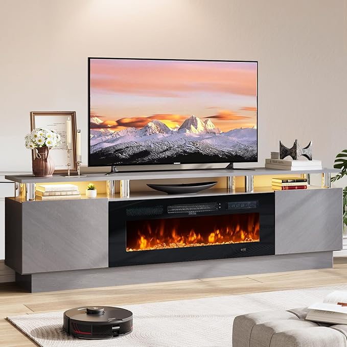 70 TV Stand for Living Room Entertainment Center with Storage Cabinet Fits TVs up to 80 Modern Media Console with Shelves 36 Electric Fireplace (Grey+Black)