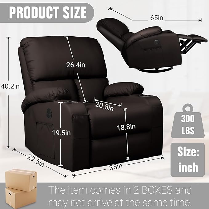 LEVELEVE Rocking Recliner Chair Massage Rocker Recliner Chair with Vibration Massage and Heat USB and Type-C Ports360° Swivel Faux Leather Chairs Living Room Bedroom Nursery RV Brown