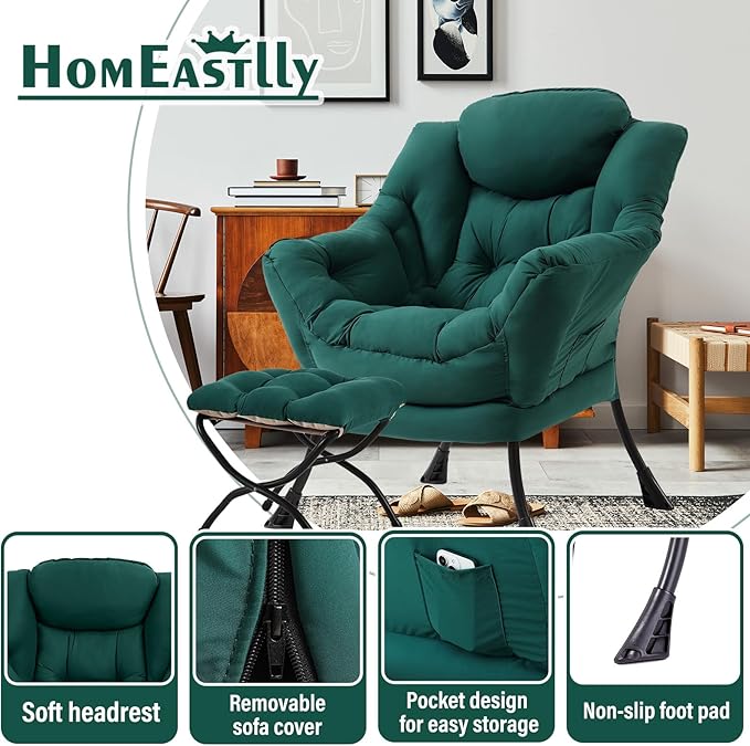 Lazy Chair with Ottoman Large Dark Green Accent Chair with Ottoman Comfy Reading Armchair Leisure Sofa Chair for Living Room Bedroom Dorm Room Office