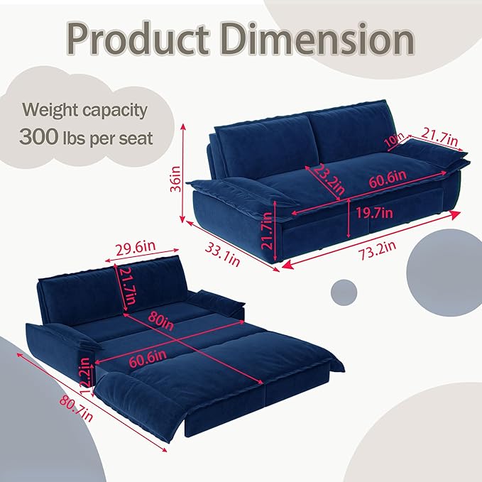 73.2 Queen Size Pull Out Sofa Bed 3-in-1 Convertible Sleeper Velvet Loveseat for Living Room Apartment Bedroom Small Spaces Blue (Mattress &amp Bedding Not Included)