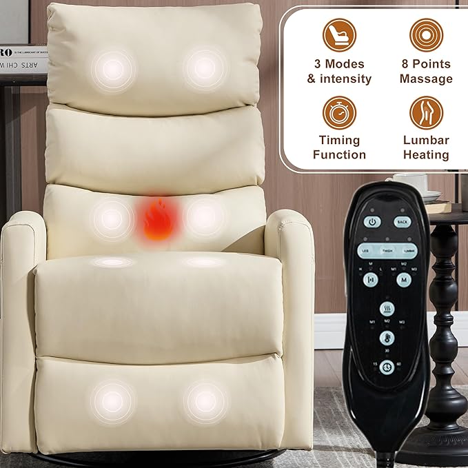 cinkehome Swivel Rocker Recliner Chair Upholstered Nursery Glider Recliner Chair with Heated Massage High Back Side Pocket (Light Yellow PU Leather)