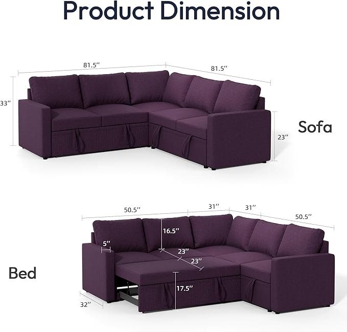 FONTOI Sleeper Sofa Bed Modular Sectional Couch with Pull Out Bed L Shaped Sectional Convertible SofaBed with Storage Seat for Living Room Apartment Bedroom Office Purple Linen