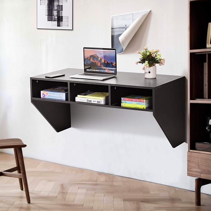 Giantex Wall Mounted Desk Floating Computer Desk Writing Study Table W/3 Storage Shelves Laptop PC Table for Living Room Bedroom Office (Black)