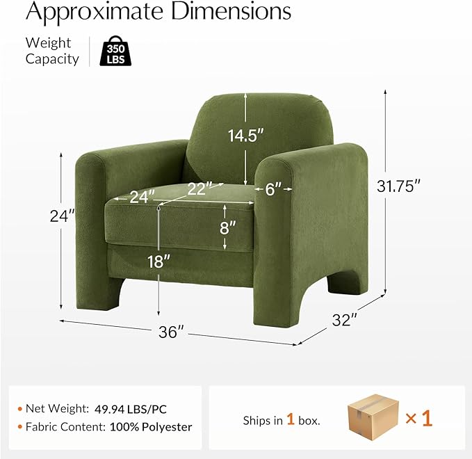 HULALA HOME Modern Curved Accent Club Chair Chenille Armchair Upholstered Sofa Chair with Wrapped Armrests Comfy Reading Armchair for Living Room Easy Assembly Olive