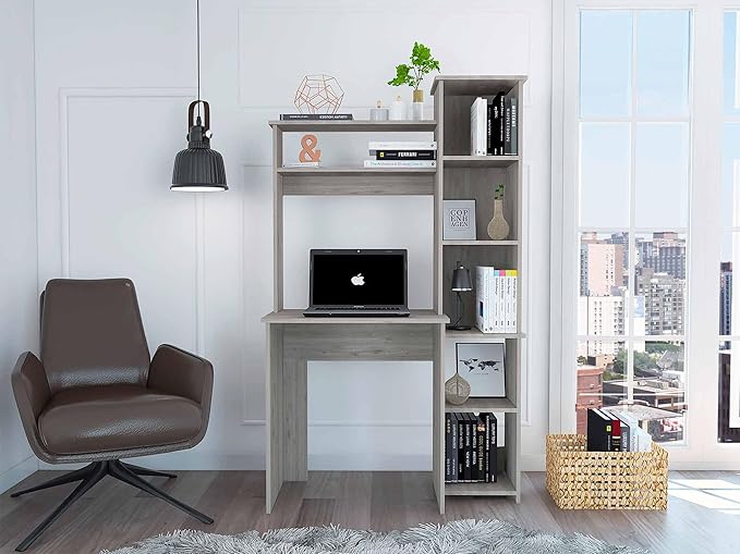Home Office Desk Writing DeskComputer DeskSix ShelvesGray