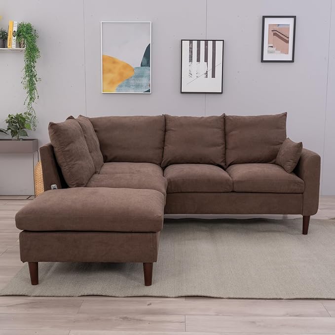 Panana 5 Seater Corner Sofa L Shaped Couch Upholstered Sectional Setee wth Built-in USB Charging Port Chaise (Brown Linen 5 Seater Corner Sofa with Built-in USB Port Chaise)