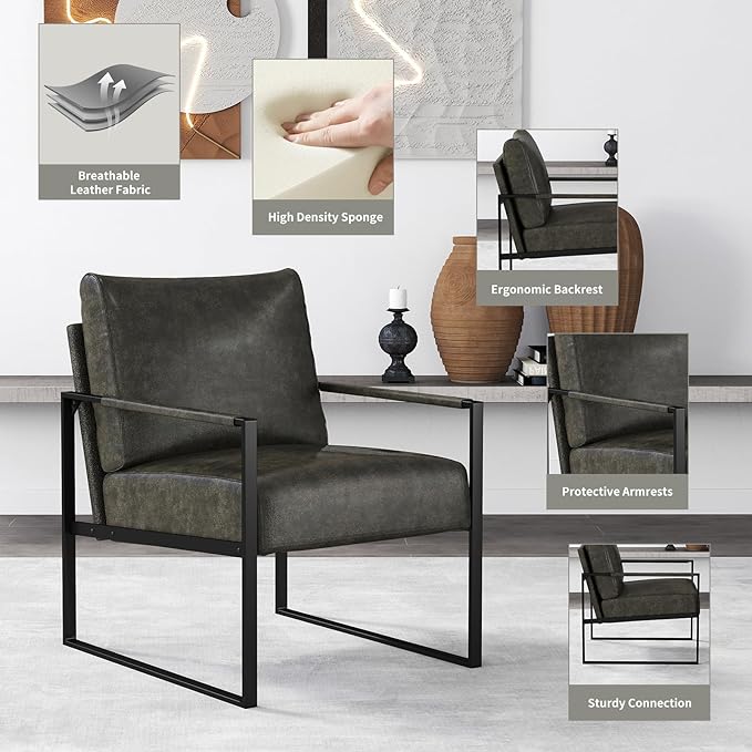 CANMOV Modern Accent Chair Set of 4 PU Leather Armchair with Metal FrameComfy Single Reading Chair with Soft Padded Backrest and Cushion for Living Room BedroomReading RoomOfficeDark Grey