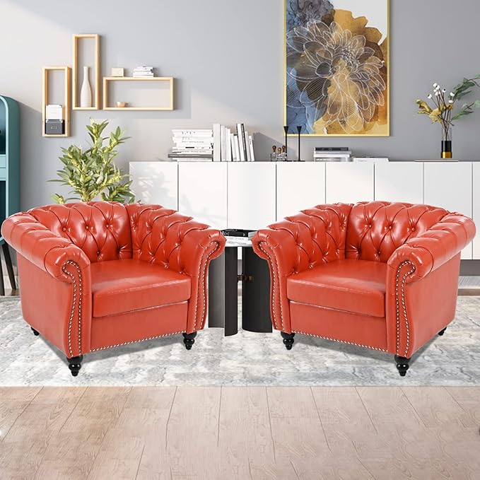 Orange Black Faux Leather Chesterfield Accent Chair with Tufted Upholstery Wingback Design &amp Club Style for Living Room Bedroom Office Furniture