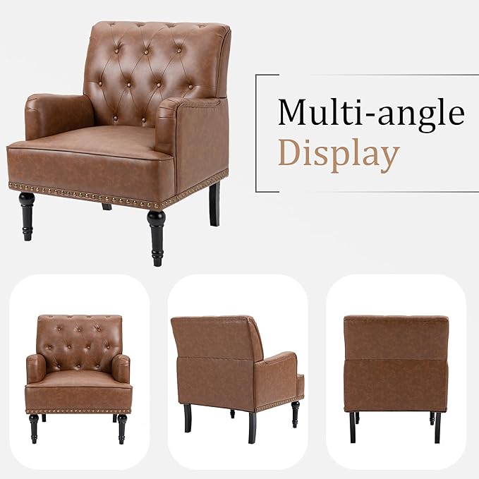 MOJAY Faux Leather Accent Chair Mid-Century Armchair Living Room Sofa Chair with Rubber Wood Leg Club Chair with Rivet Trim for Bedroom Reading Room Reception (Brown)
