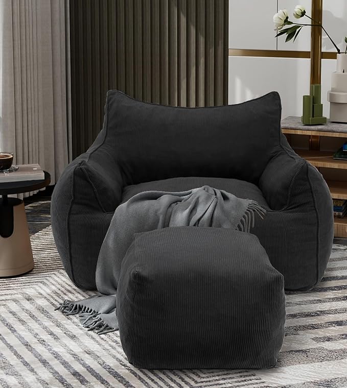 YOURLITE Bean Bag Chair for Adults with Footrest High-Resilience Foam Filled Bean Bag Sofa with Armrests and Backrest Comfy Corduroy Floor Sofa for Living Room Bedroom or Balcony (Dark Grey)
