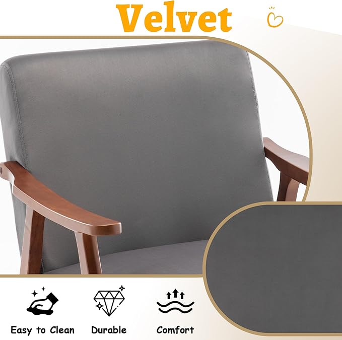Mid Century Modern Accent Chair Upholstered Armchair Comfy with Wood Legs Siting Chair with Soft Cushion PU Leather Side Chairs for Living Room Bedroom Office (Velvet Grey)