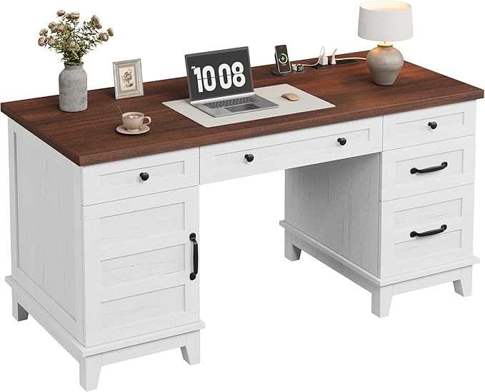 IDEALHOUSE Extra-Large Double Workstation Desk Spacious Home Office Desk with Adjustable Storage Cabinets Full-Extension File Drawers &amp Built-in Charging Station for Shared Work Brownish White