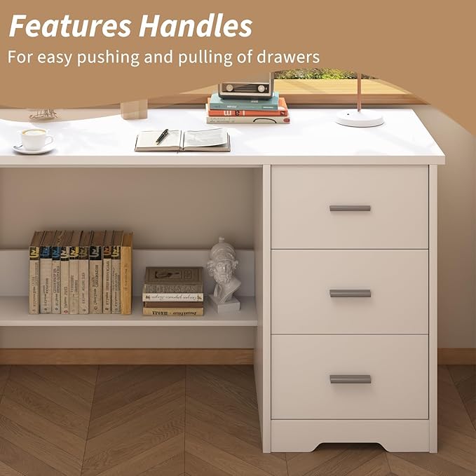 White Desk with Drawers 47 Inch Computer Desk with 3 Drawers for Bedroom Study Desk with Drawers for Small Spaces Bottom Shelves