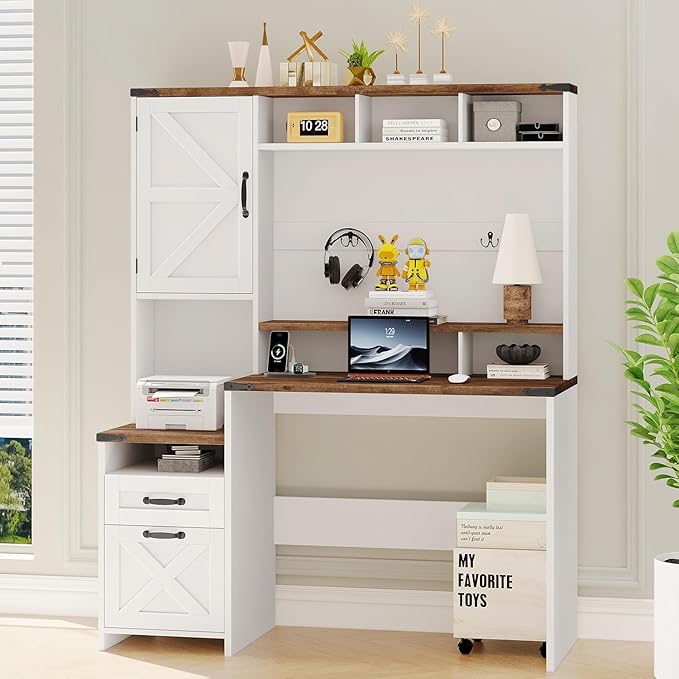 Farmhouse Executive Desk 51 Computer Desk with 2 Drawers Storage Cabinet and RGB LED Lights Power Outlets Wood Home Office Desk with Hutch and Monitor Stand for Work Study Writing Rustic White