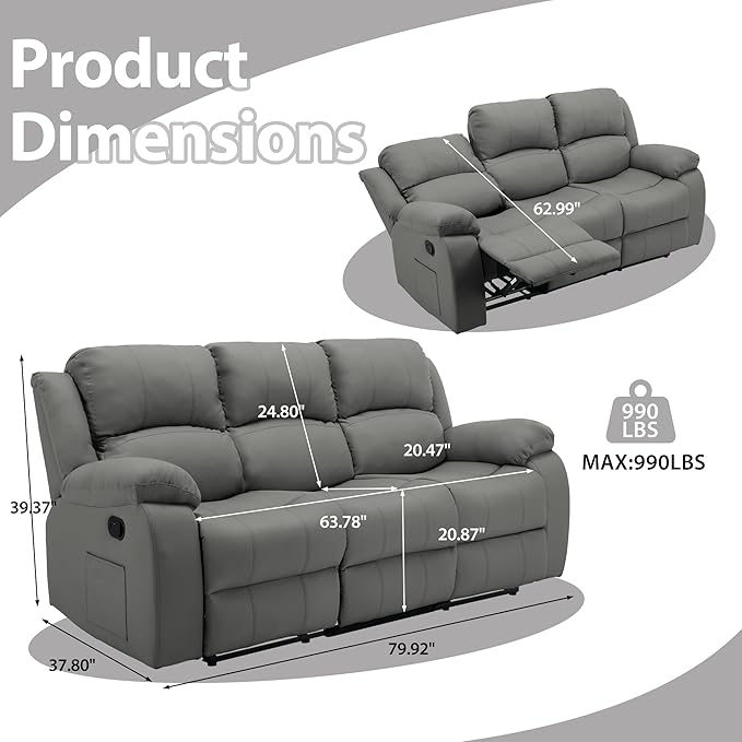 3 Seat Reclining Sofa Leather 3-Seater Manual Reclining Couch with Side Pocket Easy Assembly Reclining Loveseat Sofa for Living Room Meeting Room Bedroom Office Apartment RV