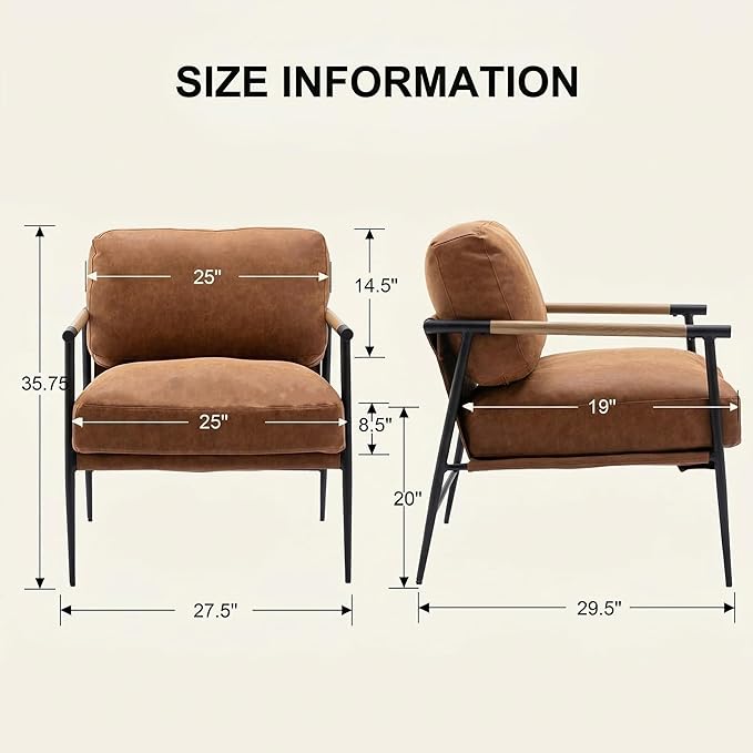 DUOMAY Mid-Century Modern Accent Chair Set of 2 Armchair Brown PU Leather Sofa Lounge Bedroom Chair with Metal Leg for Living Room Reading Office