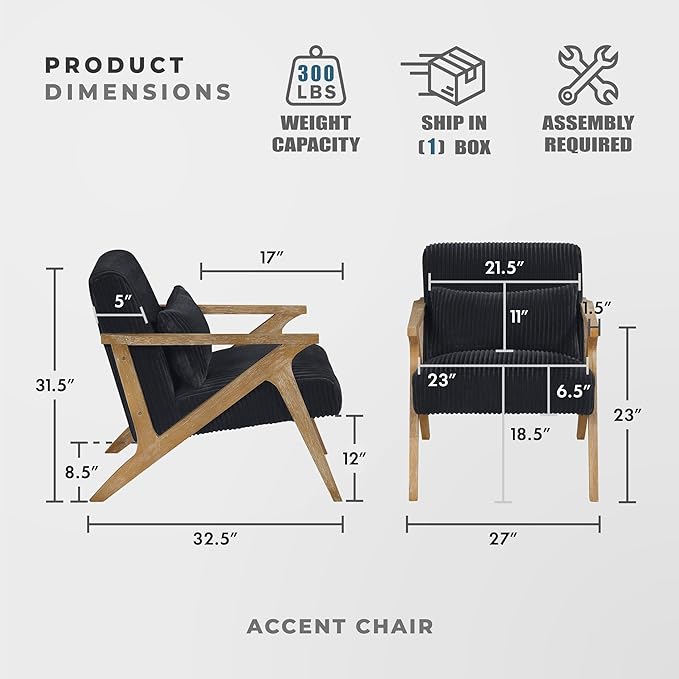 Lexicon Mid Century Modern Accent-Chair with Lumbar Pillow Brown Solid Wood Frame Comfy Corduroy Upholstered Lounge Arm Chair for Living Room/Bedroom/Office/Reading Nook Assembly Required Black