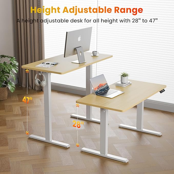 55x24 Inches Height Adjustable Electric Standing Desk with 2 Hooks for Home Office Ergonomic Sit Stand up Desk with Splice Board Oak
