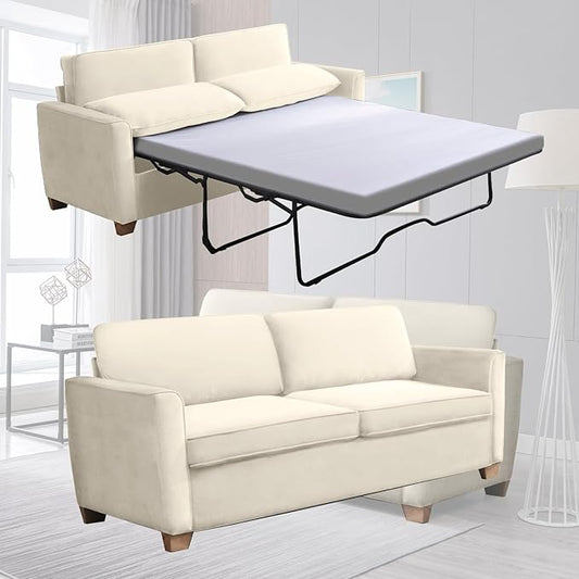 iJuicy Full Size Pull Out Couch Velvet Sofa With Foam Mattress 2-in-1 Sleeper for Living Room Apartment Small Spaces (Beige)