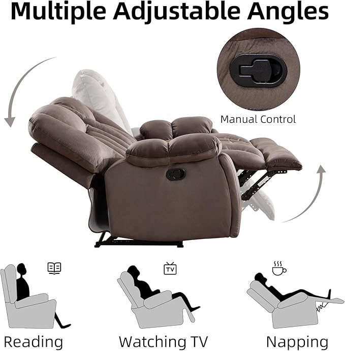 CANMOV Manual Recliner Sofa Set-Soft Fabric Reclining Living Room Sets Single Chair and Love Seating Massage Heated Recliner Couch with Cup HoldersSide Pocket for Adults Elderly Dark Brown