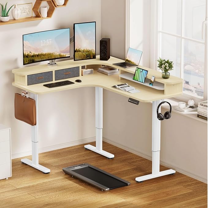Flycity Electric L Shaped Standing Desk with Drawers 63 x 55 Corner Standing Desk Adjustable Height Stand Up Home Office Desk Dual Motor Sit Stand Desk with 3 Memory Preset &amp Lock Maple