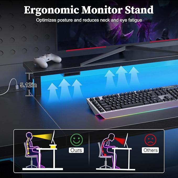 70.8 Inch Large Computer Desk with Power Outlet &amp LED LightsModern Home Office Desk with Ergonomic Monitor StandExtra Long Executive Office Writing Desk for Gaming Work Study Black