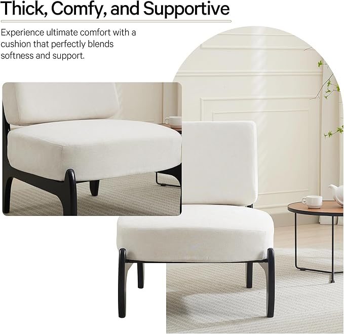Qulomvs Modern Accent Chair Mid Century Accent Chair with Wooden Frame Upholstered Comfy Reading Chair Armless Side Sofa Chair for Living Room Bedroom (White Fabric)