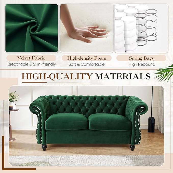 61W Mid Century Modern Chesterfield CouchUpholstered Velvet Loveseat Sofa with Button Tufted &amp Rolled ArmrestsComfy Deep Seat Sofa with Nailhead Trim &amp Gourd Legs for Living RoomApartment(