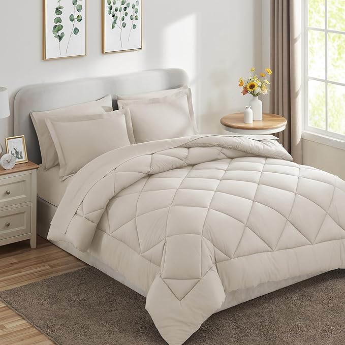 CozyLux King Size Comforter Set Beige - 7 Pieces Bed in a Bag King Luxury Soft Bed Set for All Seasons Bedding Set with Down Alternative Comforter Sheets Pillowcases &amp Shams