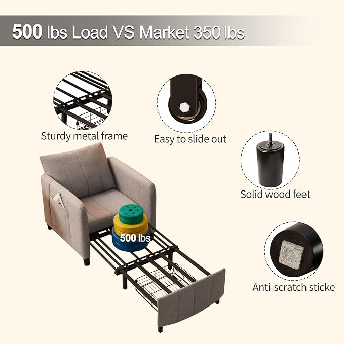 Sleeper Chair 84 Extra Long Convertible Chair Bed Upgraded 3-in-1 to 4-in-1 Pull Out Chair &amp Single Sofa Bed for Adult Sleeping Chair for Living Room Small Space (Light Grey)