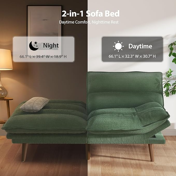 Pipishell Futon Sofa Bed Convertible Futon Adjustable Backrest &amp Armrests Corduroy Sleeper Couch for Small Spaces Living Room Office Guest Room (Moss Green 66 Inch)