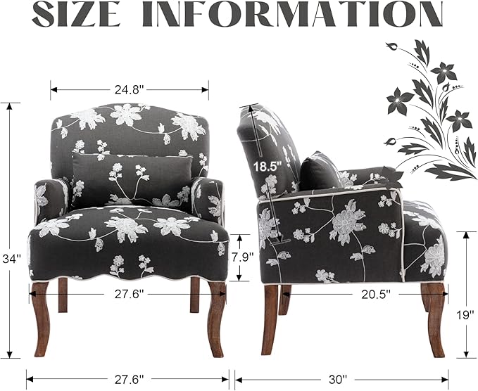 Mid Century Accent Chair Floral Reading Chair with Removable Pillow Wingback Arm Chair Upholstered Comfy Single Sofa for Living Room/Bedroom/Fireplace Grey 1PC