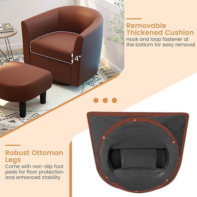 GOFLAME Swivel Barrel Chair with Ottoman Modern Faux Leather Accent Chair with Footrest Curved Backrest Removable Seat Cushion Upholstered Club Tub Sofa Chair for Bedroom Living Room Brown