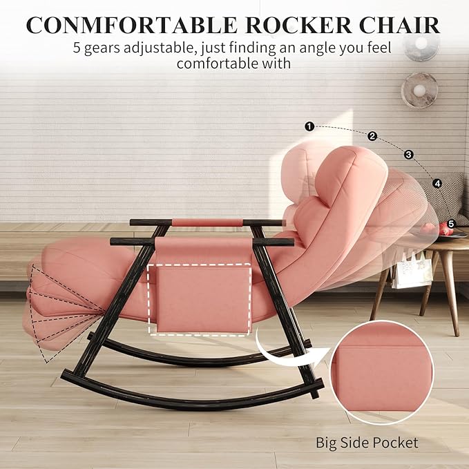 NIOIIKIT Nursery Rocking Chair Velvet Upholstered Rocker Chair with Adjustable Back&ampFootrest Reclining Glider Chair with Side Pocket Tufted Glider Rocker Armchair for Living Room (Pink Velvet)